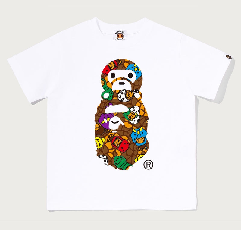 A BATHING APE BAPE KIDS MILO MULTI DINOSAURS PATTERN MILO ON APE HEAD TEE