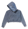 A BATHING APE Ladies' HEAVY WASHED INDIGO SHARK CROPPED FULL ZIP HOODIE