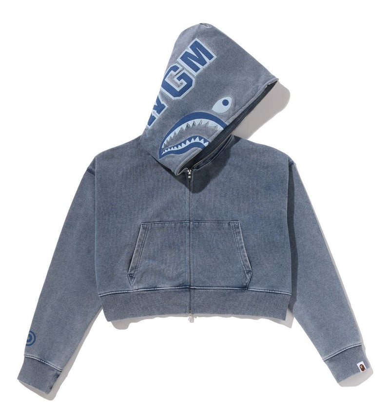 A BATHING APE Ladies' HEAVY WASHED INDIGO SHARK CROPPED FULL ZIP HOODIE