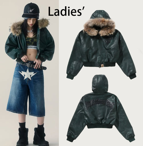 A BATHING APE Ladies' CROC PATTERN APE FACE CROPPED LEATHER JACKET