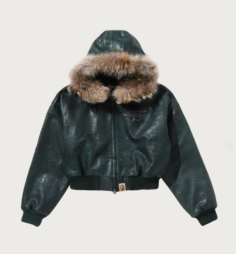 A BATHING APE Ladies' CROC PATTERN APE FACE CROPPED LEATHER JACKET