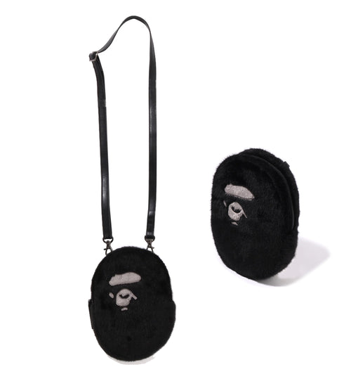 A BATHING APE APE HEAD FAUX FUR MINI SHOULDER BAG