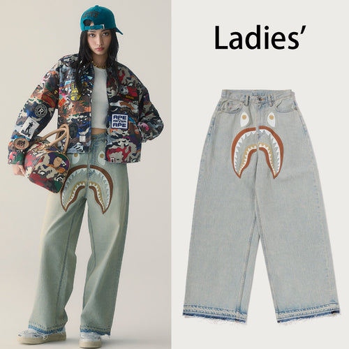 A BATHING APE Ladies' SHARK EMBROIDERY SUPER WIDE DENIM PANTS
