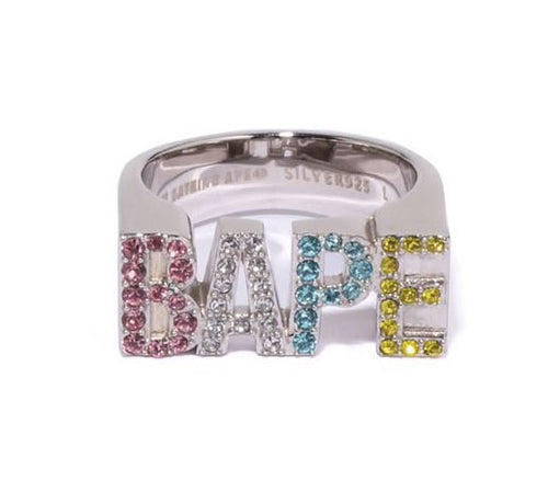 A BATHING APE BAPE LOGO RING W/ MULTI COLOR RHINESTONE