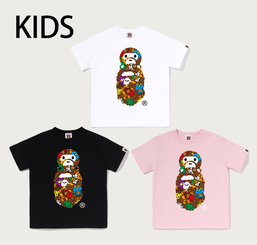 A BATHING APE BAPE KIDS MILO MULTI DINOSAURS PATTERN MILO ON APE HEAD TEE