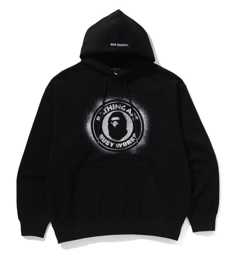 A BATHING APE GLITTER PRINT BUSY WORKS RELAXED FIT PULLOVER HOODIE