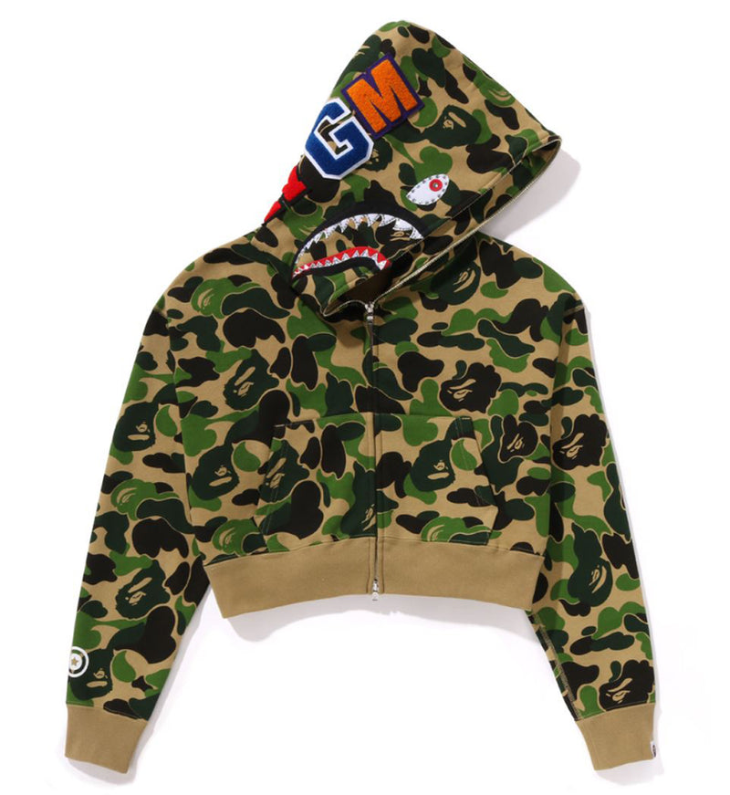 A BATHING APE Ladies' ABC CAMO CRYSTAL STONE SHARK CROPPED FULL ZIP HOODIE