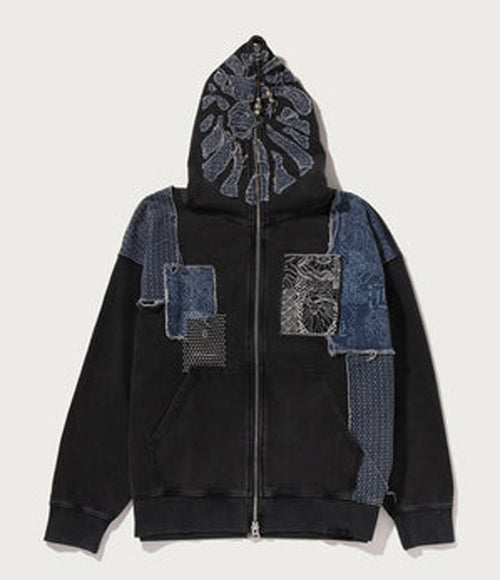 A BATHING APE BAPE BLACK PATCHWORK MAD FACE BORO ZIP HOODIE