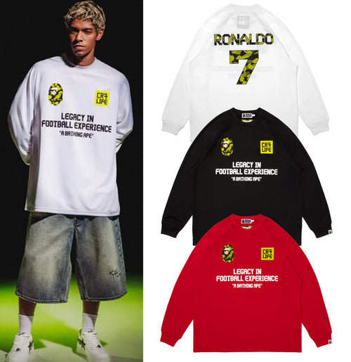 A BATHING APE BAPE CR7 LIFE MULTI LOGO POLY RELAXED FIT L/S FOOTBALL JERSEY