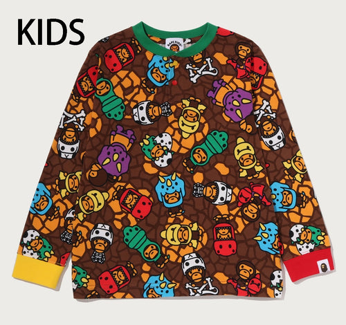 A BATHING APE BAPE KIDS MILO MULTI DINOSAURS PATTERN L/S TEE