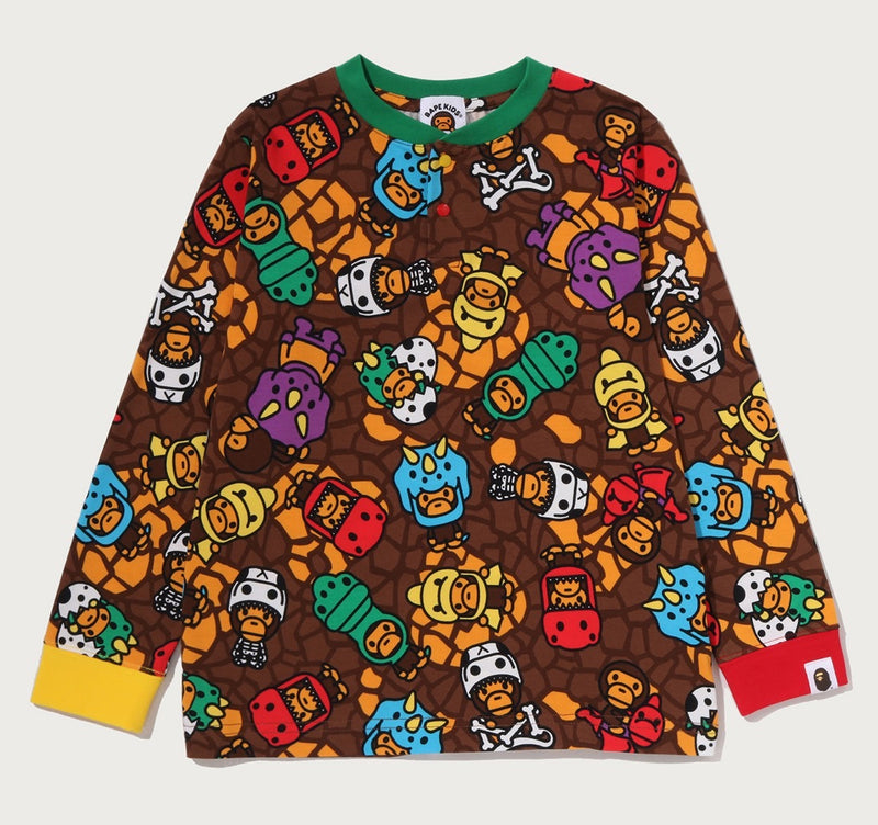 A BATHING APE BAPE KIDS MILO MULTI DINOSAURS PATTERN L/S TEE