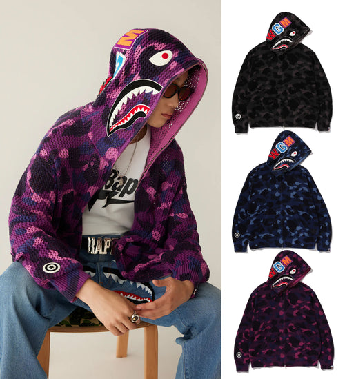 A BATHING APE COLOR CAMO CROCHET RELAXED FIT SHARK FULL ZIP HOODIE