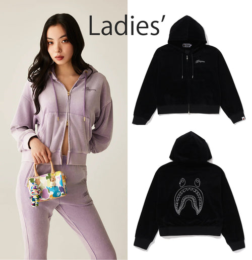 A BATHING APE Ladies' WASHED MULTI LOGO RHINESTONE VELOUR FULL ZIP HOODIE