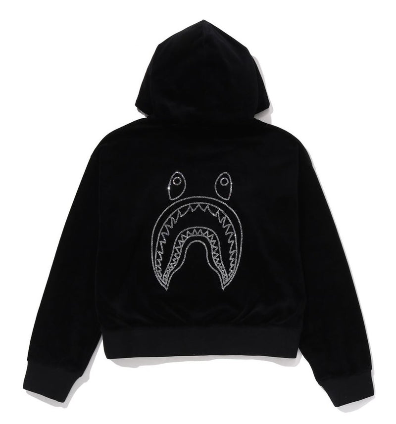 A BATHING APE Ladies' WASHED MULTI LOGO RHINESTONE VELOUR FULL ZIP HOODIE
