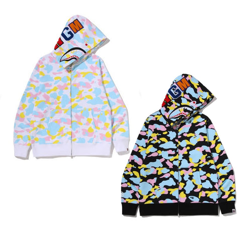 A BATHING APE MULTI CAMO SHARK FULL ZIP HOODIE