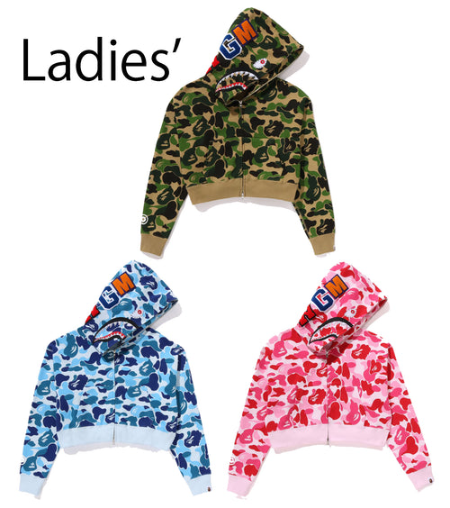 A BATHING APE Ladies' ABC CAMO CRYSTAL STONE SHARK CROPPED FULL ZIP HOODIE