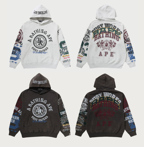 A BATHING APE HEAVY WASHED MULTI LOGO RELAXED FIT PULLOVER HOODIE