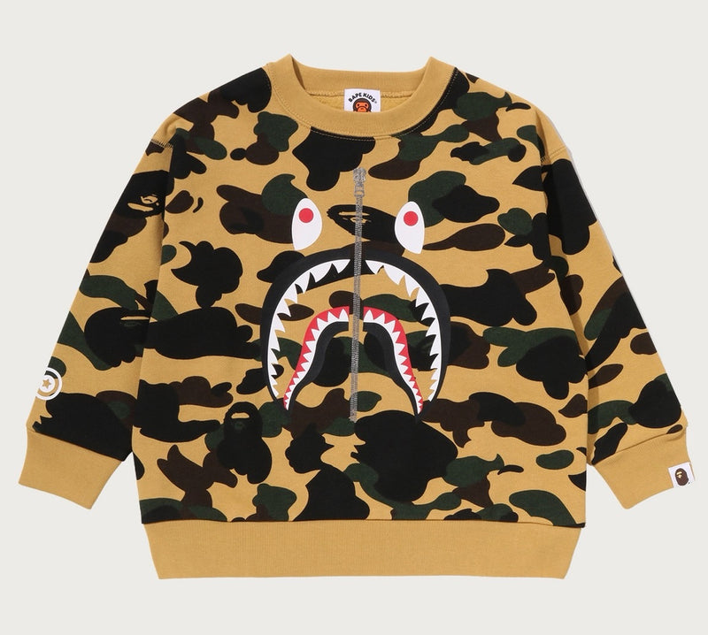 A BATHING APE BAPE KIDS 1ST CAMO SHARK RELAXED FIT CREWNECK SWEAT SHIRT