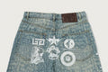 A BATHING APE MULTI LOGO DENIM FLARED PANTS