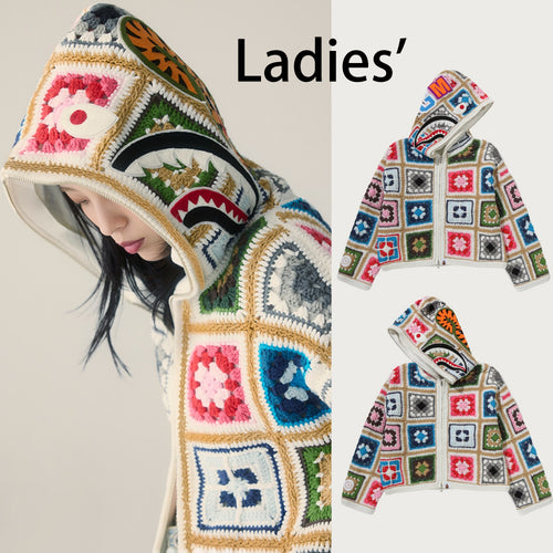 A BATHING APE Ladies' MULTI LOGO CROCHET BOXY CROPPED SHARK ZIP HOODIE