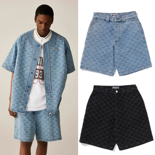 A BATHING APE COLLEGE MONOGRAM RELAXED FIT 13oz DENIM SHORTS