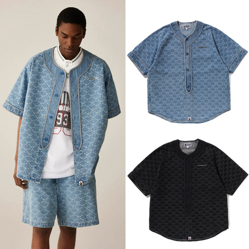 A BATHING APE COLLEGE MONOGRAM BASEBALL SS DENIM SHIRT