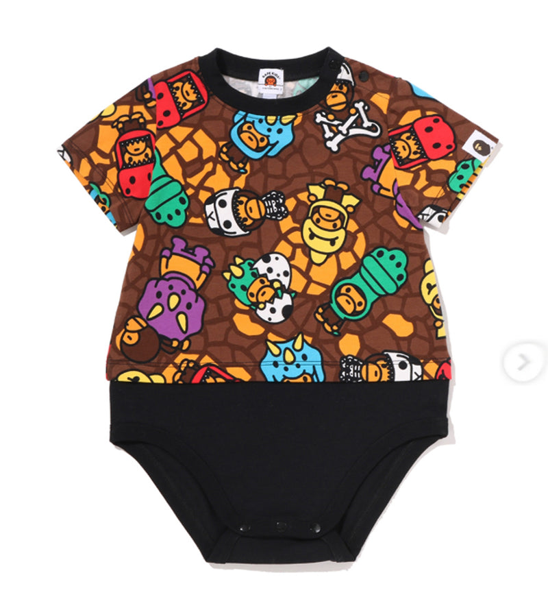 A BATHING APE BAPE KIDS MILO MULTI DINOSAURS PATTERN BODYSUIT