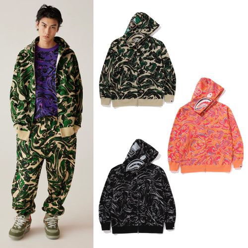 A BATHING APE MARBLING CAMO SHARK RELAXED FIT FULL ZIP HOODIE