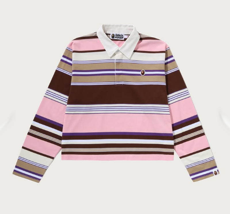 A BATHING APE Ladies' APE HEAD ONE POINT STRIPE BOXY CROPPED L/S POLO TEE