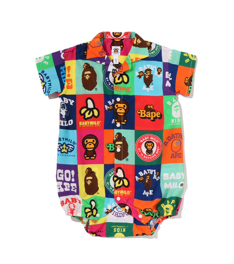 A BATHING APE BAPE KIDS ATCHWORK OPEN COLLAR SHIRT ROMPERS
