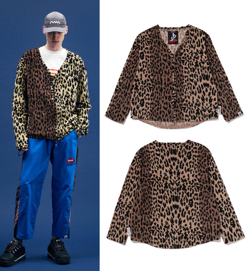 A BATHING APE BAPE BY KAZUKO KURAISHI LEOPARD JACQUARD ZIP CARDIGAN