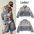 A BATHING APE Ladies' FAKE PRINT MULTI LOGO DENIM CROPPED SHIRT - happyjagabee store