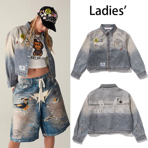A BATHING APE Ladies' FAKE PRINT MULTI LOGO DENIM CROPPED SHIRT - happyjagabee store