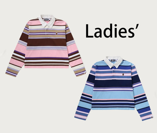 A BATHING APE Ladies' APE HEAD ONE POINT STRIPE BOXY CROPPED L/S POLO TEE