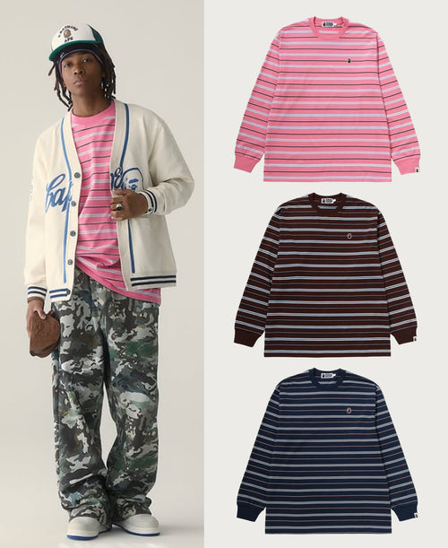 A BATHING APE ONE POINT STRIPE RELAXED FIT LS TEE
