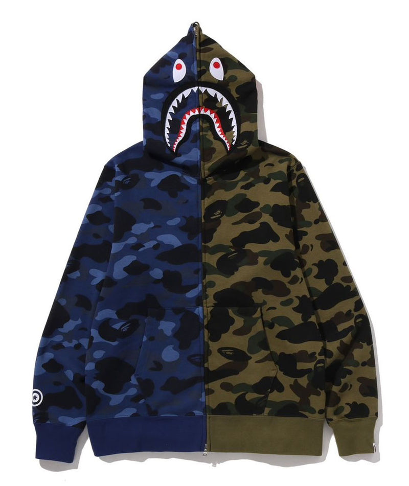 A BATHING APE SPLIT CAMO SHARK FULL ZIP HOODIE