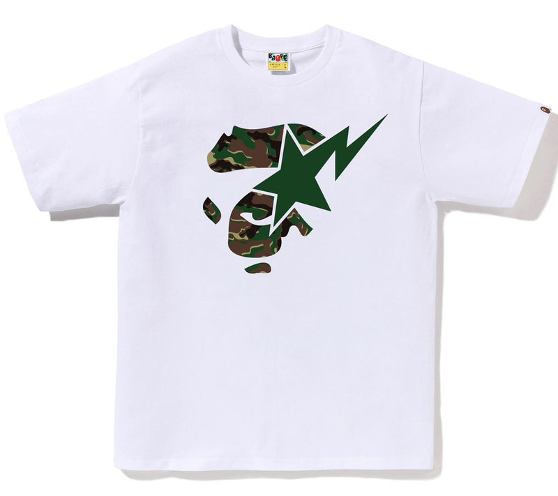 A BATHING APE GLITCH WOODLAND CAMO APE FACE STA TEE