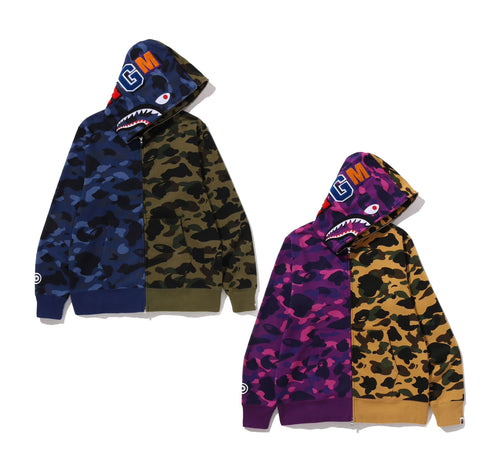 A BATHING APE SPLIT CAMO SHARK FULL ZIP HOODIE