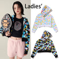 A BATHING APE Ladies' NEW MULTI CAMO CROPPED SHARK FULL ZIP HOODIE