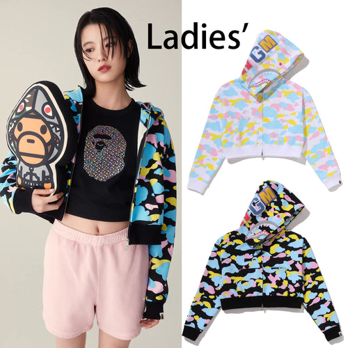 A BATHING APE Ladies' NEW MULTI CAMO CROPPED SHARK FULL ZIP HOODIE