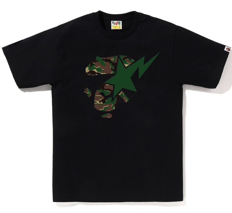 A BATHING APE GLITCH WOODLAND CAMO APE FACE STA TEE
