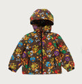 A BATHING APE BAPE KIDS MILO MULTI DONOSAURS PATTERN ZIP HOODIE PADDED JACKET