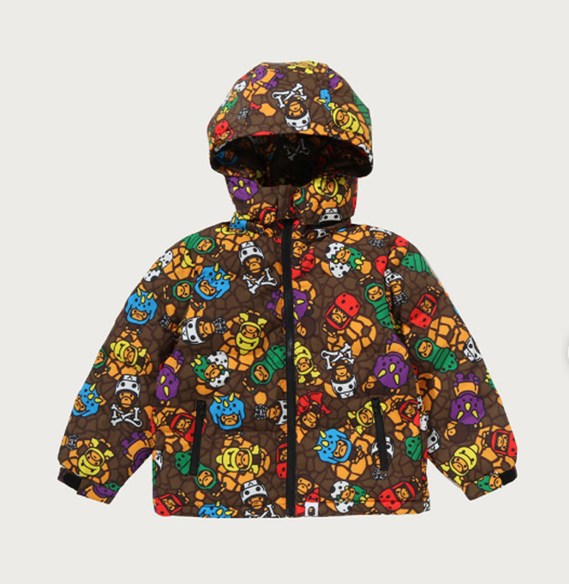 A BATHING APE BAPE KIDS MILO MULTI DONOSAURS PATTERN ZIP HOODIE PADDED JACKET