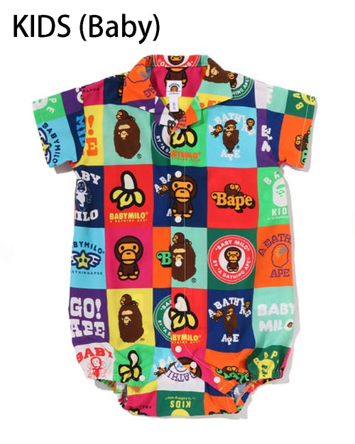 A BATHING APE BAPE KIDS ATCHWORK OPEN COLLAR SHIRT ROMPERS