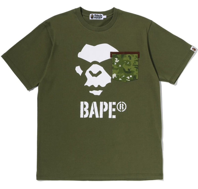 A BATHING APE MULTI PIXEL CAMO MAD APE FACE POCKET TEE