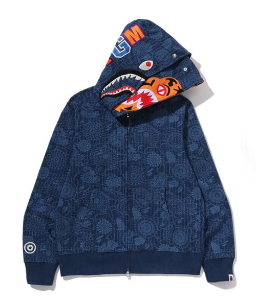 A BATHING APE JAPANESE INDIGO ART CAMO DOUBLE TIGER SHARK FULL ZIP HOODIE