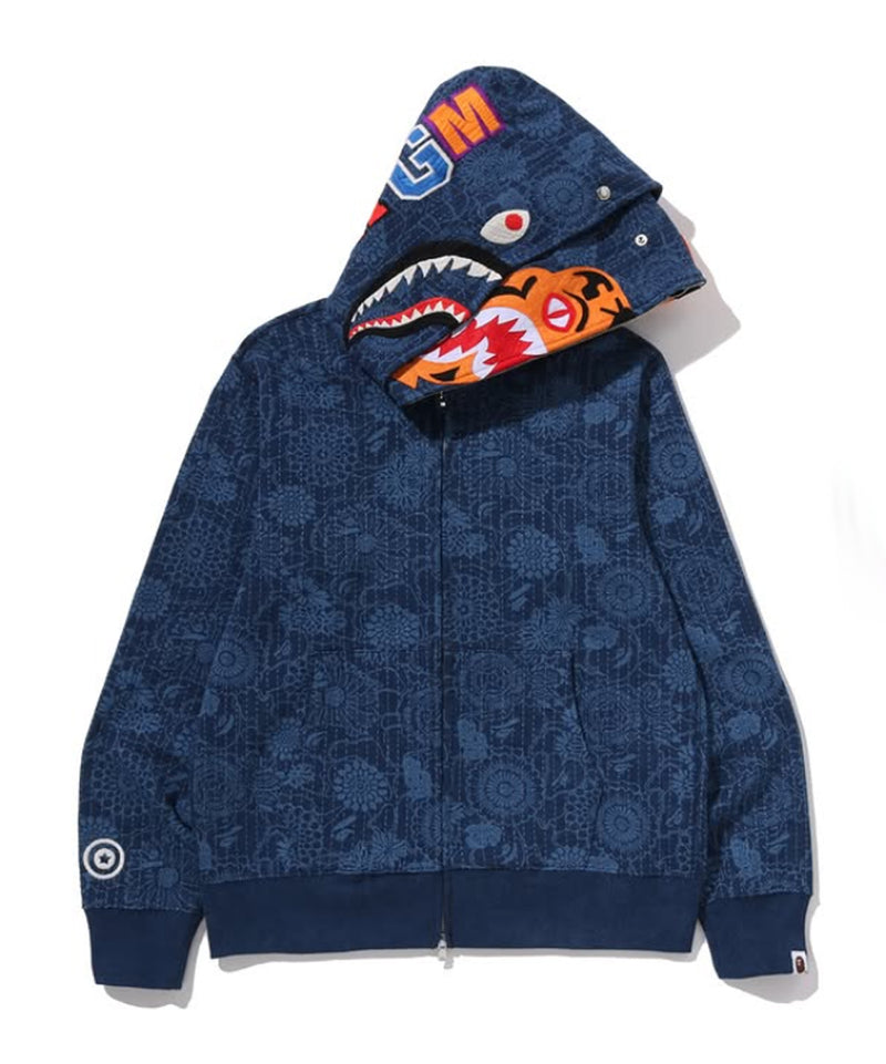 A BATHING APE JAPANESE INDIGO ART CAMO DOUBLE TIGER SHARK FULL ZIP