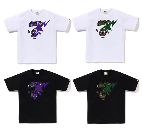 A BATHING APE GLITCH WOODLAND CAMO APE FACE STA TEE