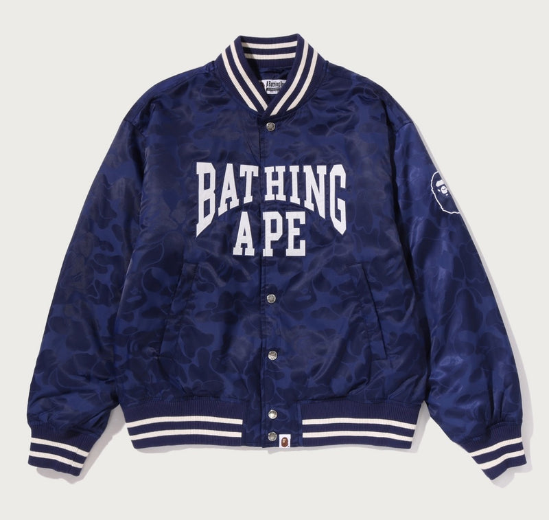 A BATHING APE SOLID CAMO NYLON JACQUARD VARSITY JACKET