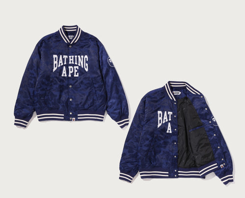 A BATHING APE SOLID CAMO NYLON JACQUARD VARSITY JACKET